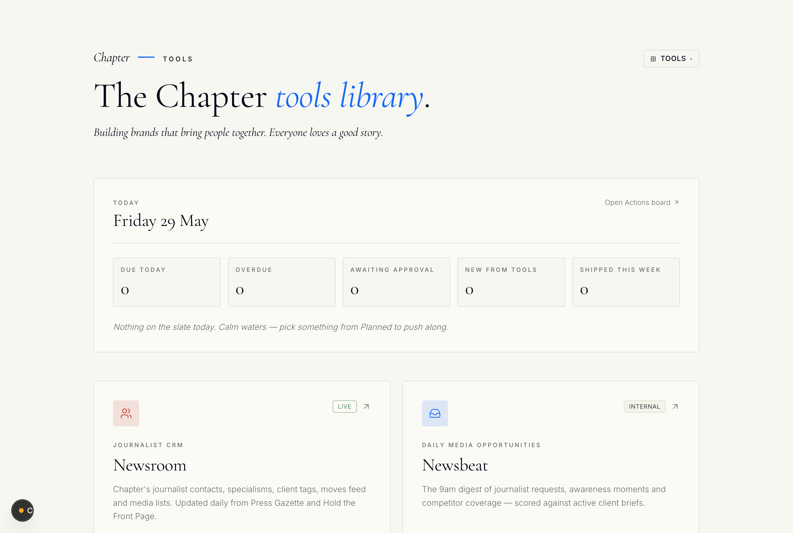 The Chapter Tools hub — the front door to every tool